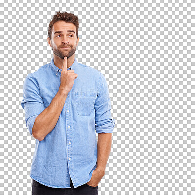 Buy stock photo Thinking, idea and planning with man on png for decision, solution and brainstorming. Memory, confused and doubt with person isolated on transparent background for choice, question and vision