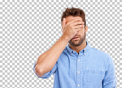 Buy stock photo Mistake, fail and hand on face of man on isolated, transparent and png background. Wrong, oops and male person with facepalm emoji for frustrated, crisis or stress, anxiety or guilt from bad decision