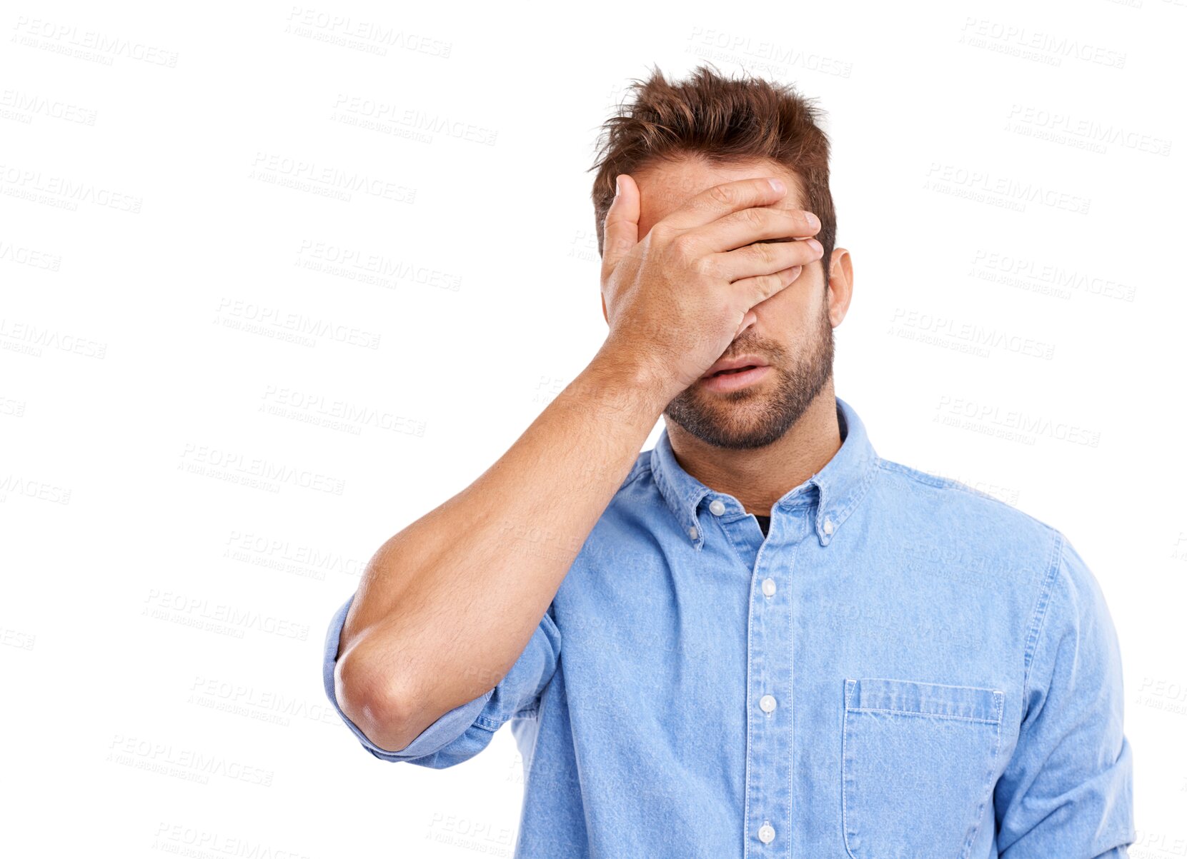 Buy stock photo Mistake, fail and hand on face of man on isolated, transparent and png background. Wrong, oops and male person with facepalm emoji for frustrated, crisis or stress, anxiety or guilt from bad decision