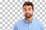 Oops, confused and face of man with awkward expression on isolated, transparent and png background. Fail, wrong and male person with emoji for doubt, not sure or dont know, attitude or personality