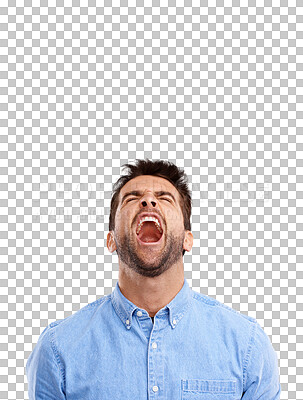 Buy stock photo Angry, screaming and man frustrated with problem isolated on a transparent png background. Anger, shouting and male person with schizophrenia, sick and depression, crazy or emoji for crisis in stress