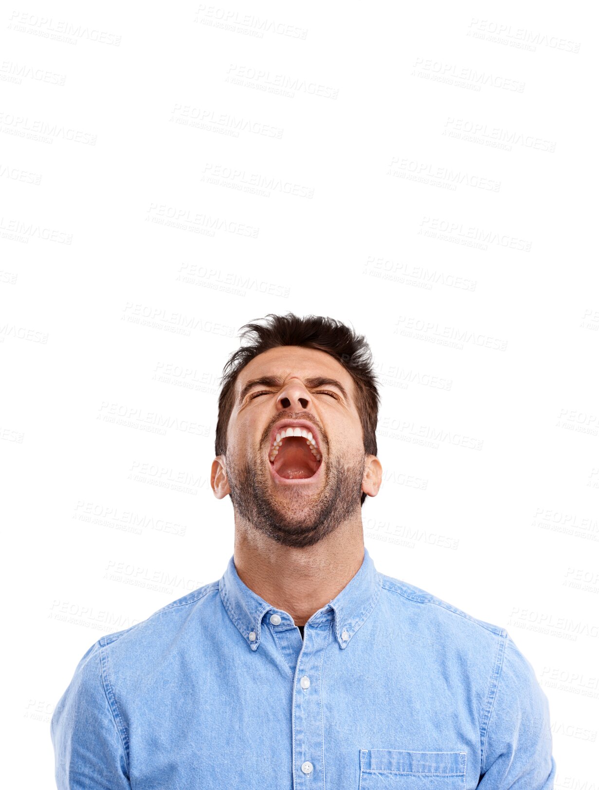 Buy stock photo Angry, screaming and man frustrated with problem isolated on a transparent png background. Anger, shouting and male person with schizophrenia, sick and depression, crazy or emoji for crisis in stress