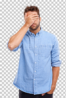 Buy stock photo Fail, mistake and hand on face of man on isolated, transparent and png background. Wrong, oops and male person with facepalm emoji for frustrated, crisis or stress, anxiety or guilt from bad decision