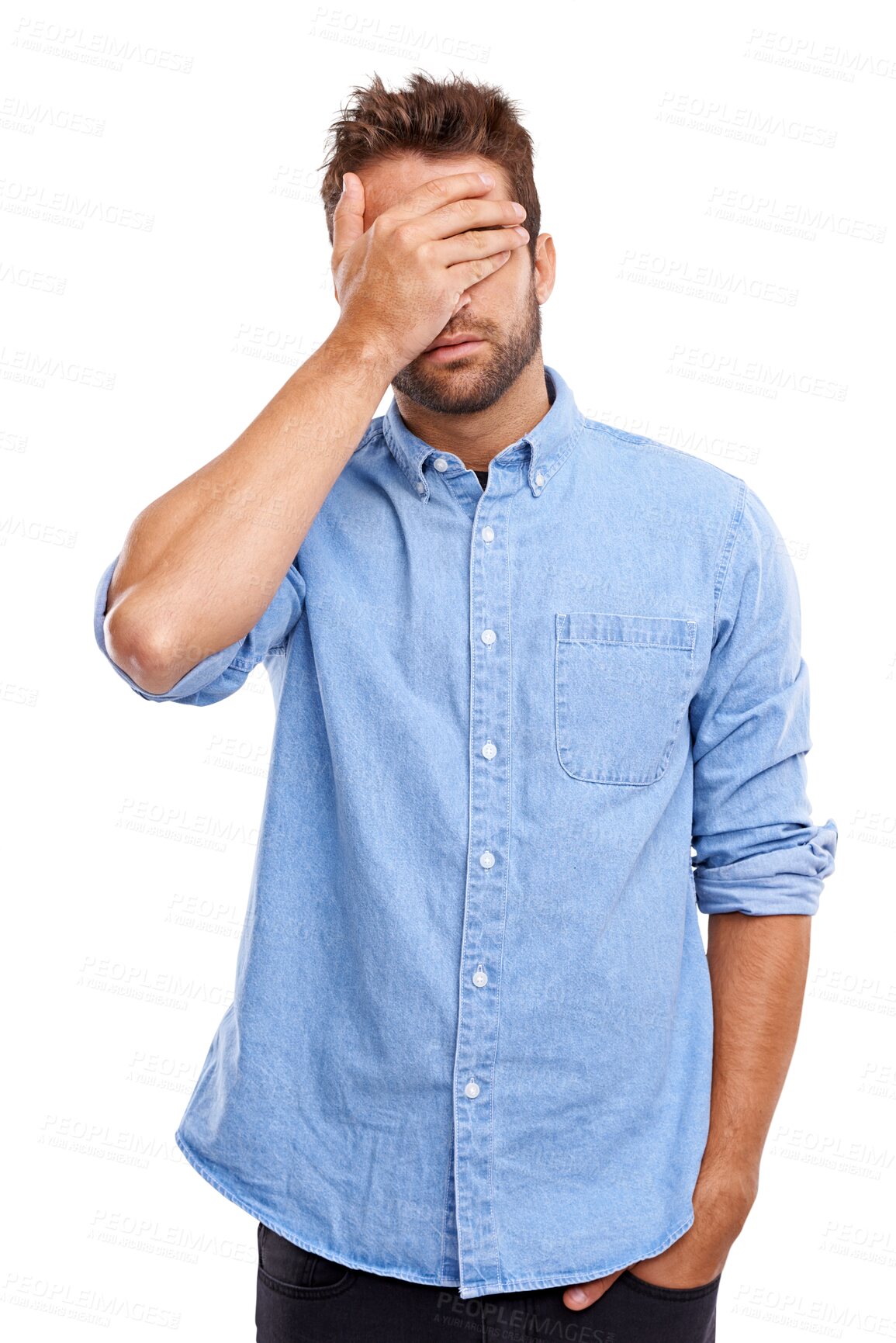 Buy stock photo Fail, mistake and hand on face of man on isolated, transparent and png background. Wrong, oops and male person with facepalm emoji for frustrated, crisis or stress, anxiety or guilt from bad decision