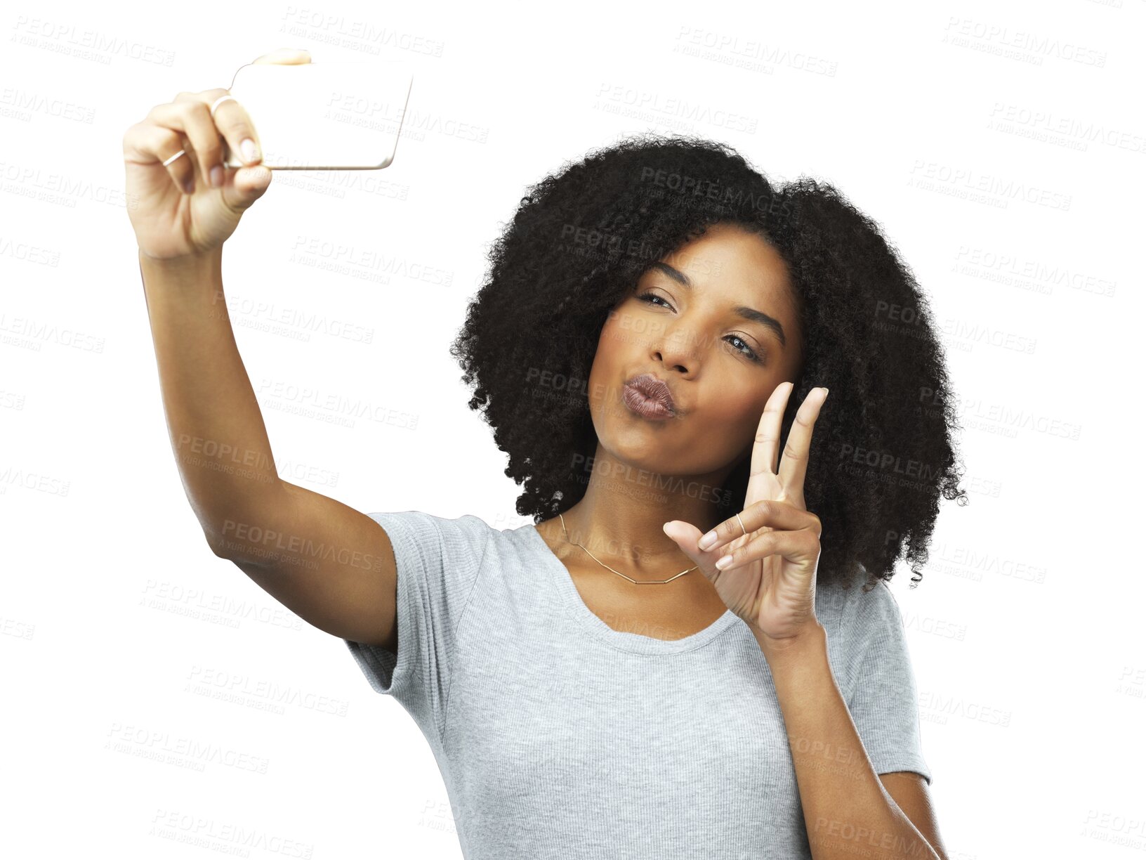 Buy stock photo Pouting, peace and a black woman with a selfie for social media, fun and funny face. Happy, pout and an African girl taking a photo with an emoji sign isolated on a transparent png background