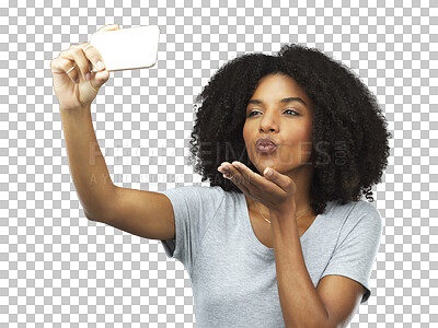 Buy stock photo Blowing kiss, selfie and a black woman with hand gesture isolated on a transparent, png background. Face of a happy young female model with a profile picture for social media with a pout emoji