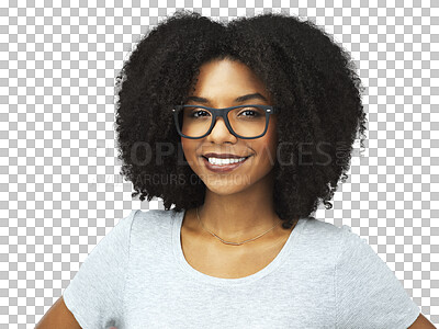 Buy stock photo Face, smile and black woman with glasses, confidence and fashion isolated on a transparent png background. Portrait, nerd and happy African female model from Nigeria with style, eyewear and aesthetic