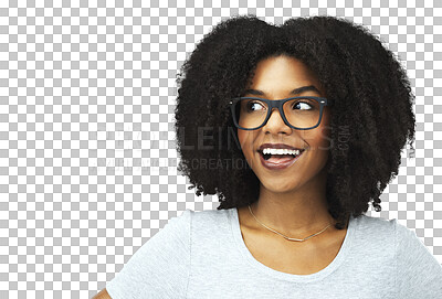 Buy stock photo Thinking, wow and happy woman or student, creative ideas and glasses isolated on transparent png background. Vision, decision and African person for future goals in university, college or education 