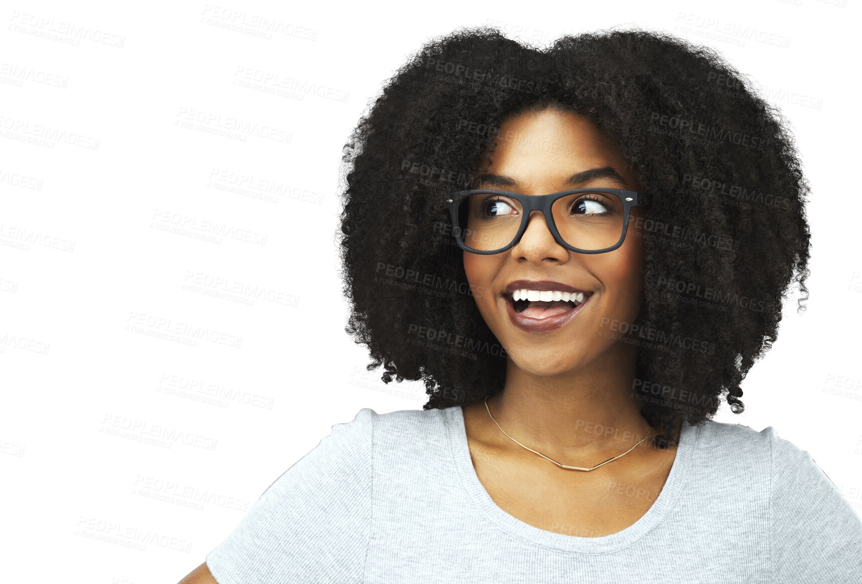 Buy stock photo Thinking, wow and happy woman or student, creative ideas and glasses isolated on transparent png background. Vision, decision and African person for future goals in university, college or education 