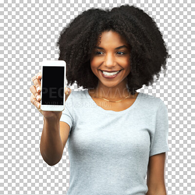 Buy stock photo Phone, screen and smile with a black woman isolated on transparent background showing an empty social media display for branding. Mobile, app or marketing with a happy young brand ambassador on PNG