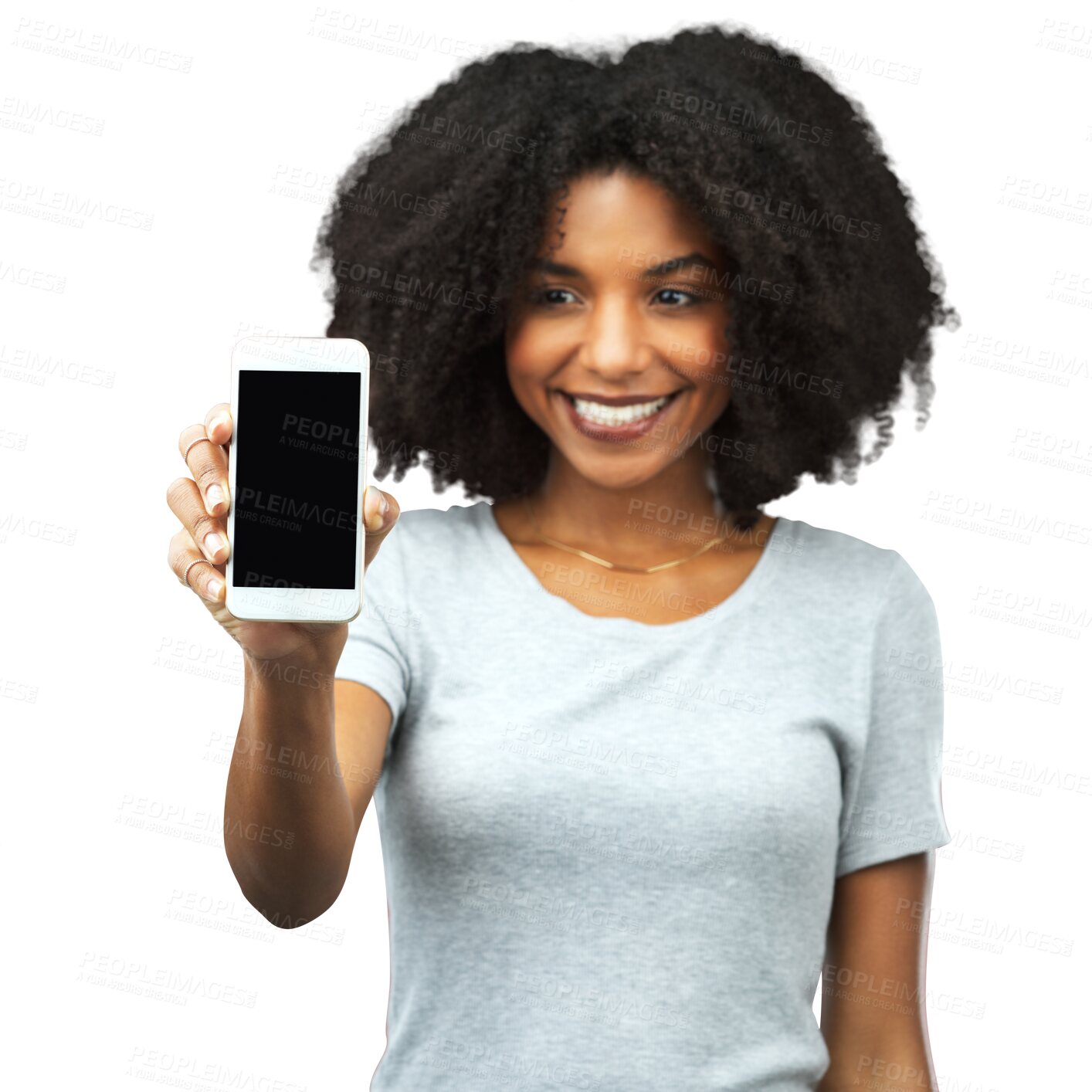 Buy stock photo Phone, screen and smile with a black woman isolated on transparent background showing an empty social media display for branding. Mobile, app or marketing with a happy young brand ambassador on PNG