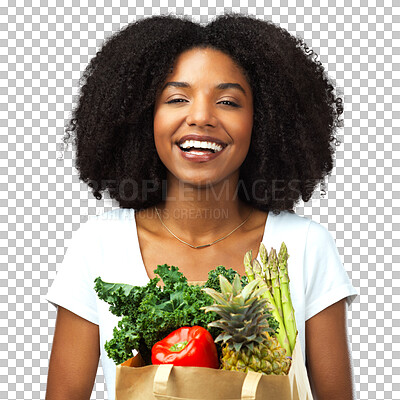 Buy stock photo Supermarket, vegetables and girl with bag for profile in png or isolated in transparent background. Nutrition, customer and healthy eating with woman or grocery shopping at store for diet or excited.