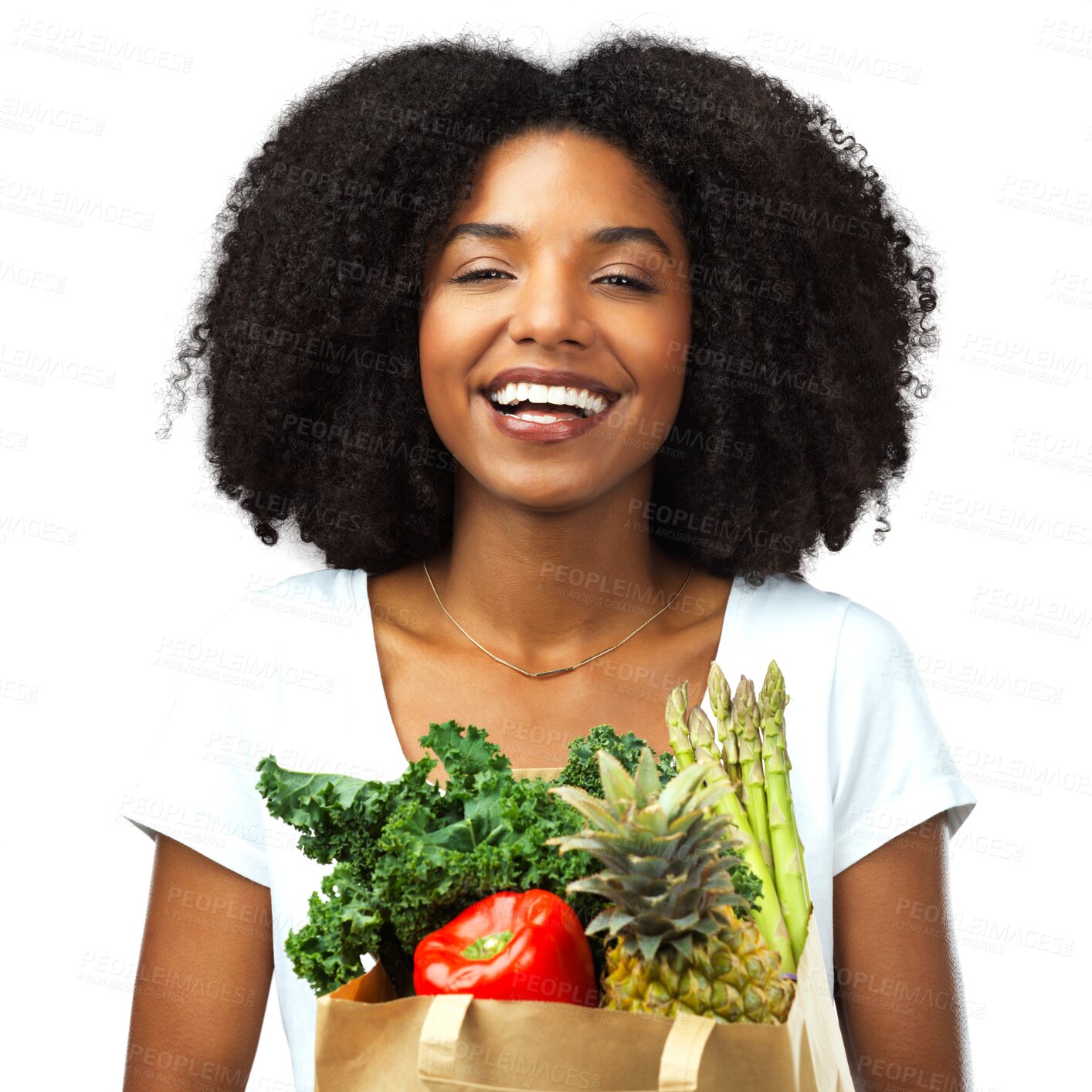 Buy stock photo Supermarket, vegetables and girl with bag for profile in png or isolated in transparent background. Nutrition, customer and healthy eating with woman or grocery shopping at store for diet or excited.