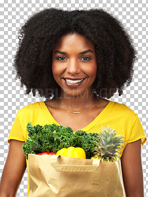 Buy stock photo Nutrition, happy and groceries shopping with black girl or portrait in png or isolated in transparent background. Excited, face and woman with customer with vegetables for healthy eating for sale.