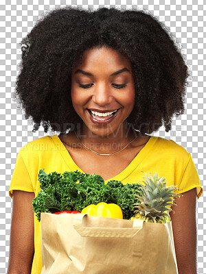 Buy stock photo Vegetable, groceries and a woman with food for a healthy lifestyle and diet in a paper bag. Black female model excited about vegan ingredients and wellness isolated on a transparent, png background