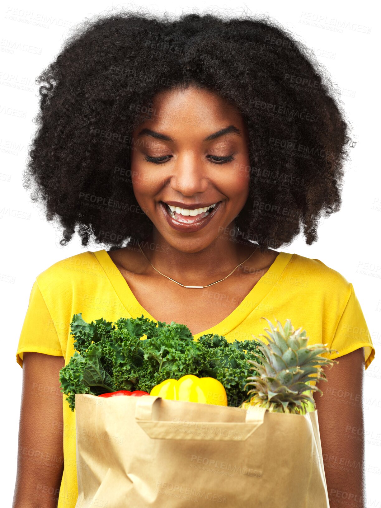 Buy stock photo Vegetable, groceries and a woman with food for a healthy lifestyle and diet in a paper bag. Black female model excited about vegan ingredients and wellness isolated on a transparent, png background