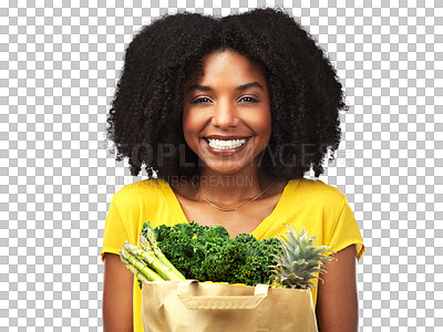 Buy stock photo Portrait, nutrition and black girl with supermarket or smile in png or isolated in transparent background. Vegetables, excited and face with grocery shopping for healthy eating or happiness for sale.