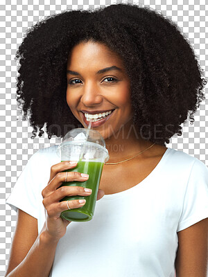 Buy stock photo Happy, health and portrait of woman with green juice for liquid cleanse, diet or wellness. Smile, happiness and young female model from Brazil drinking smoothie isolated by transparent png background