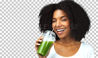 Buy stock photo Smile, wellness and portrait of woman with green juice for liquid cleanse, diet or health. Confident, happy and young female model from Brazil drinking smoothie isolated by transparent png background