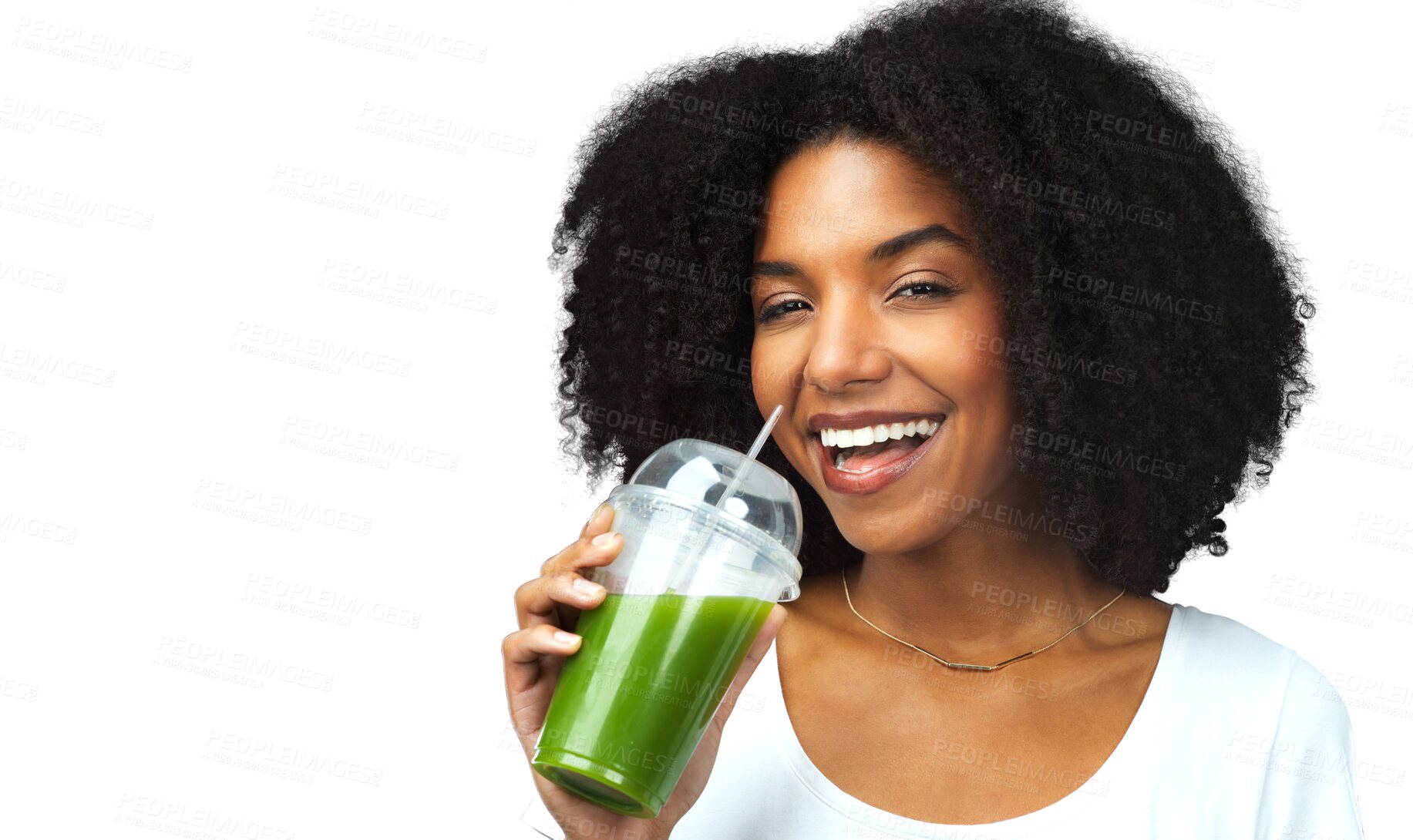 Buy stock photo Smile, wellness and portrait of woman with green juice for liquid cleanse, diet or health. Confident, happy and young female model from Brazil drinking smoothie isolated by transparent png background