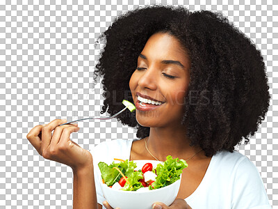 Buy stock photo Salad, eating and a woman with healthy food for diet, weight loss and wellness. Black female model happy about vegetables or vegan meal and nutrition benefits isolated on transparent, png background