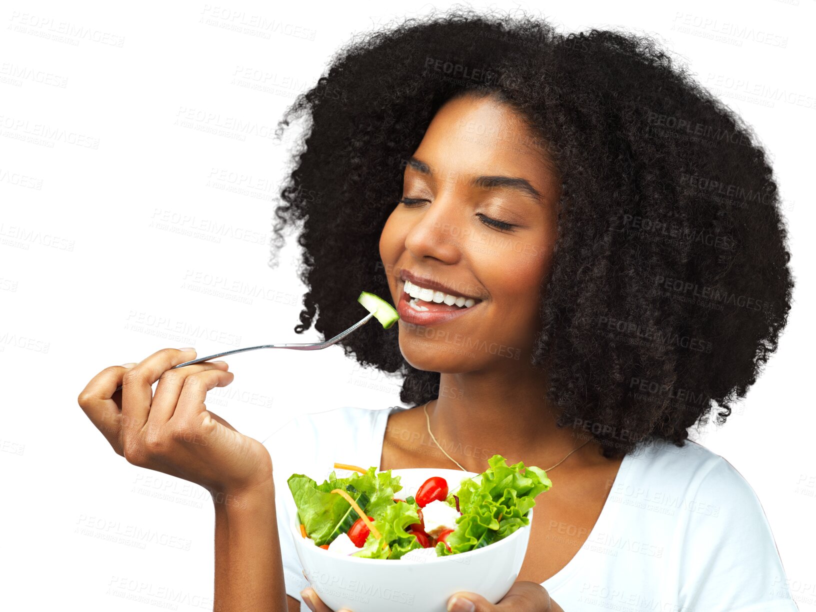 Buy stock photo Salad, eating and a woman with healthy food for diet, weight loss and wellness. Black female model happy about vegetables or vegan meal and nutrition benefits isolated on transparent, png background