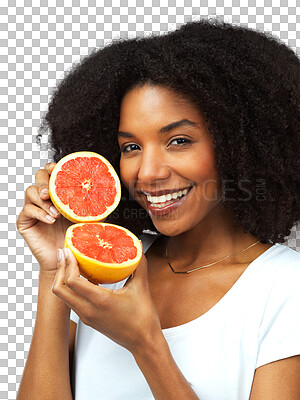 Buy stock photo Grapefruit, portrait and a woman with healthy food for diet and vitamin c. Black female happy about fruit or vegan snack for wellness and nutrition benefits isolated on transparent, png background