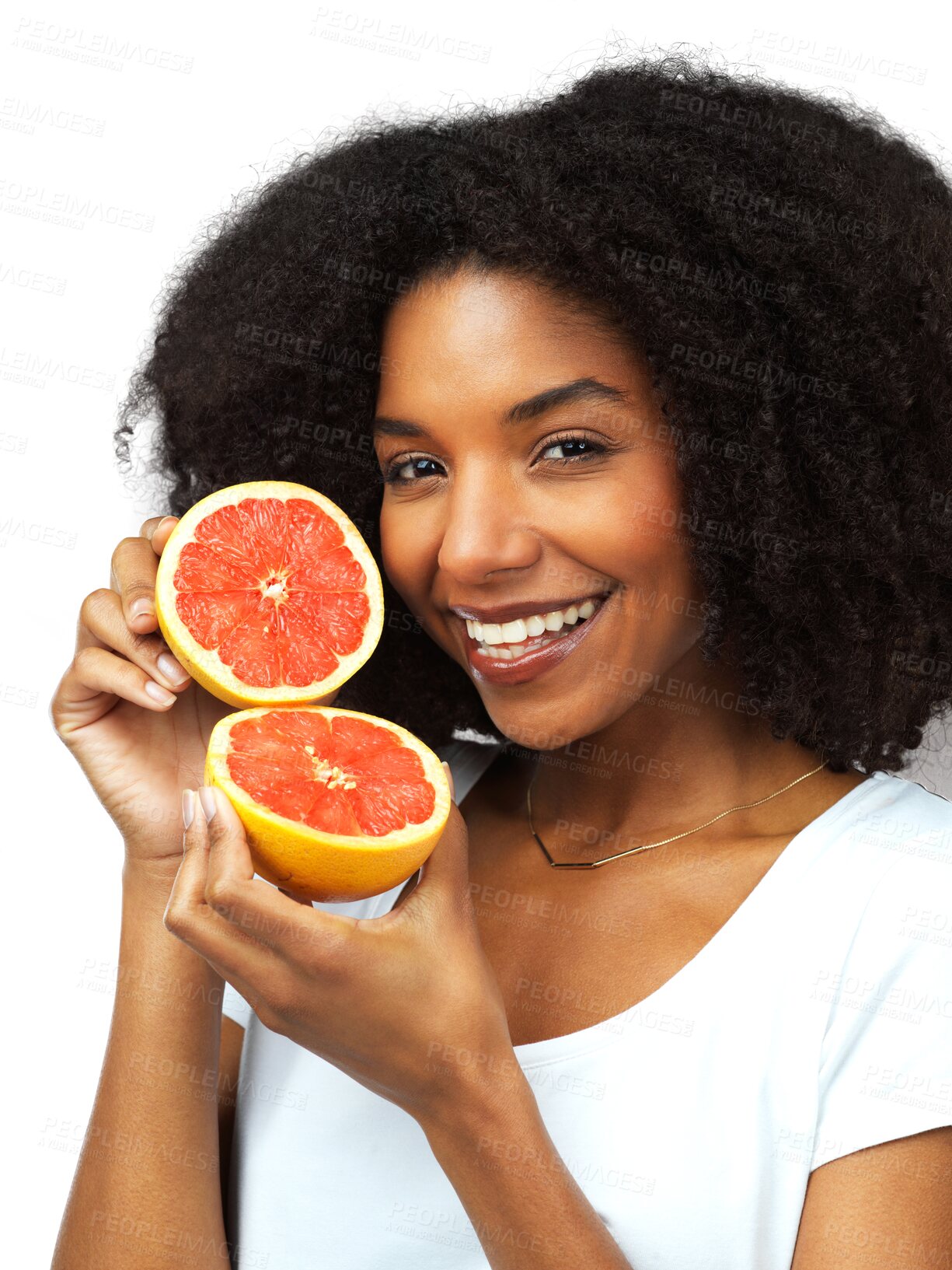 Buy stock photo Grapefruit, portrait and a woman with healthy food for diet and vitamin c. Black female happy about fruit or vegan snack for wellness and nutrition benefits isolated on transparent, png background