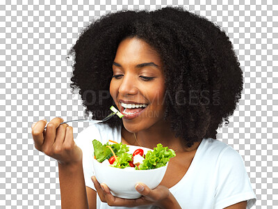 Buy stock photo Salad, healthy eating and a woman with food for diet, weight loss and wellness. Black female model happy about vegetables or vegan meal and nutrition benefits isolated on transparent, png background