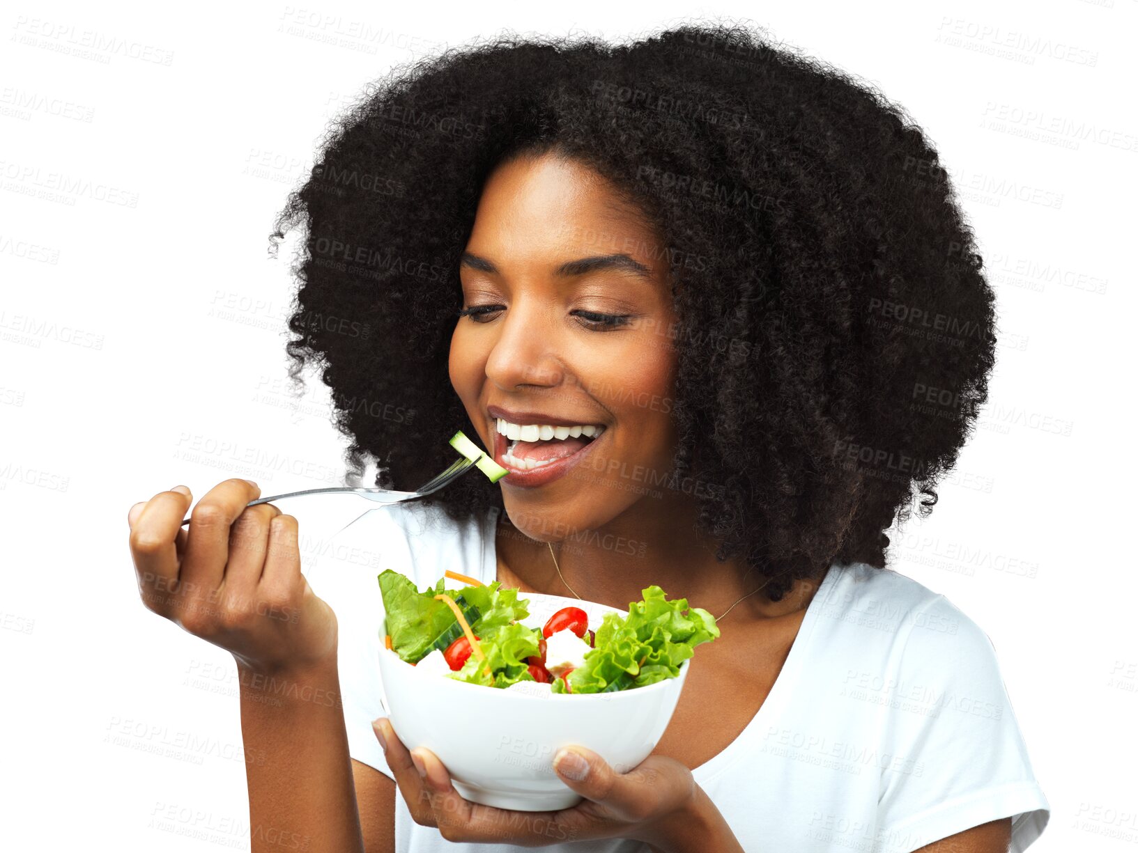 Buy stock photo Salad, healthy eating and a woman with food for diet, weight loss and wellness. Black female model happy about vegetables or vegan meal and nutrition benefits isolated on transparent, png background