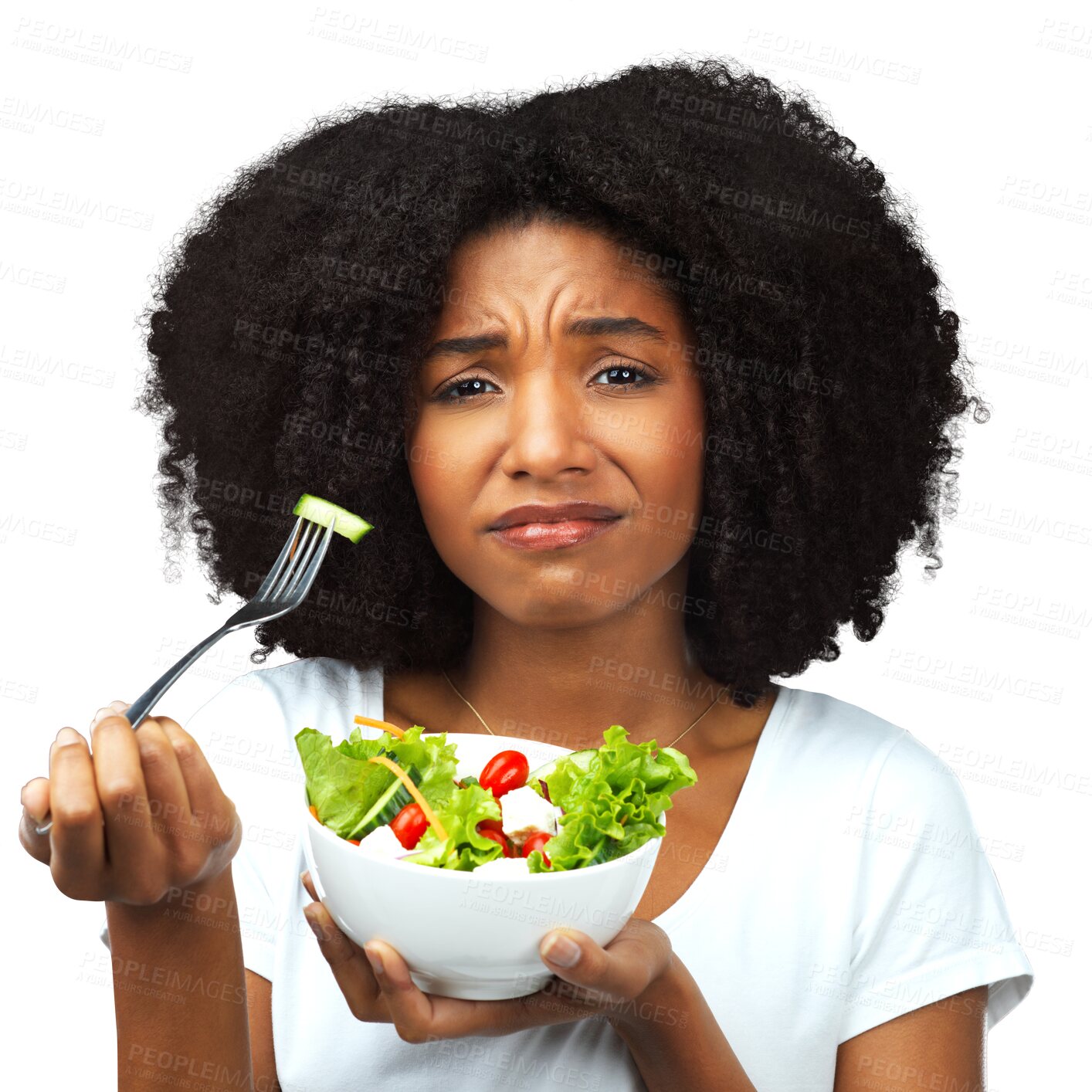 Buy stock photo Portrait, salad and sad woman eating healthy food, detox lunch or breakfast isolated on transparent, png background. African person with depression for lose weight or diet problem and green fruits