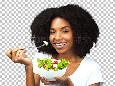 Buy stock photo Diet, salad and happy woman eating healthy food, detox lunch or breakfast isolated on transparent, png background. Face of African person with green fruits, lettuce and lose weight balance or choice