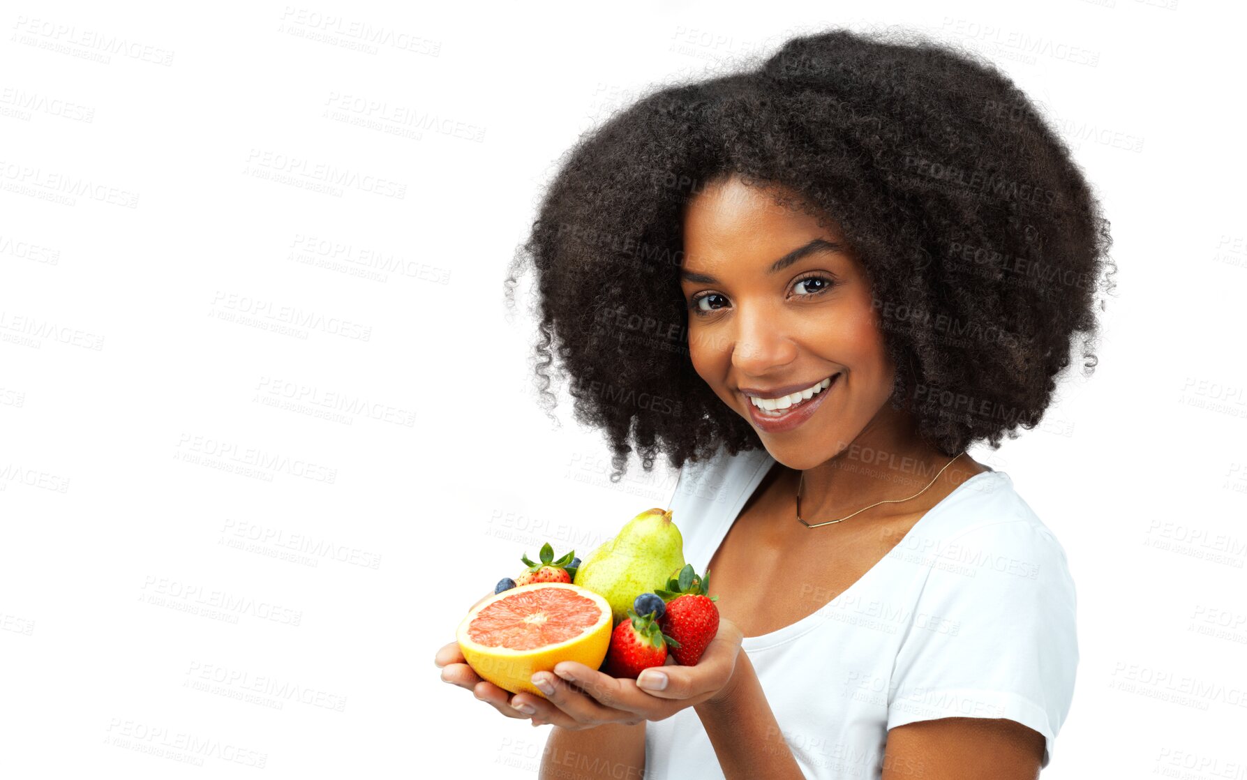 Buy stock photo Fruit, healthy eating and a woman with food for diet, lose weight and wellness. Portrait of black female model with organic, vegan snack and nutrition benefits isolated on transparent, png background