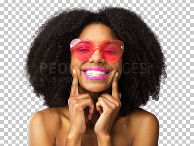 Buy stock photo Black woman, portrait smile and afro with glasses for stylish fashion isolated on a transparent PNG background. Happy African female person, curly hair and makeup smiling in satisfaction for beauty