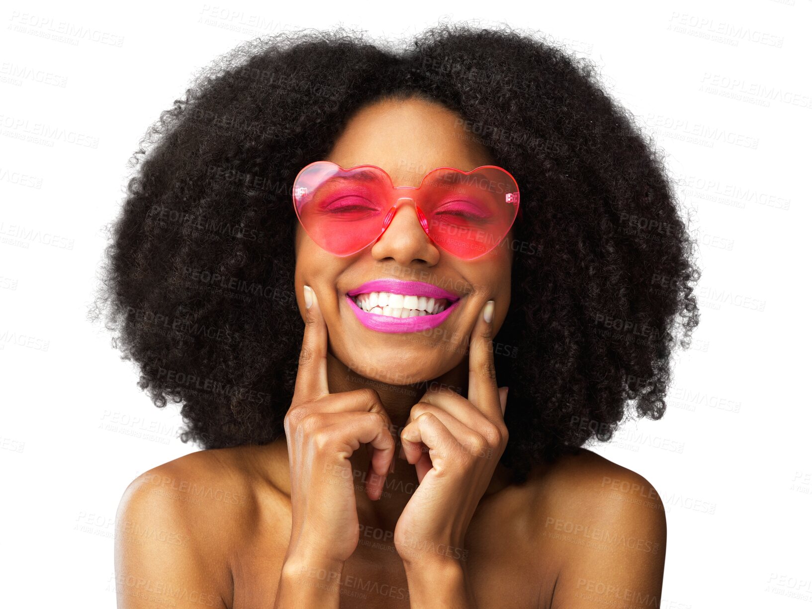 Buy stock photo Black woman, portrait smile and afro with glasses for stylish fashion isolated on a transparent PNG background. Happy African female person, curly hair and makeup smiling in satisfaction for beauty