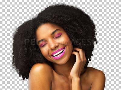 Buy stock photo Beauty, cosmetics and makeup with face of black woman on png for smile, dermatology and hairstyle. Natural, glow and skincare with model isolated on transparent background for self care and salon