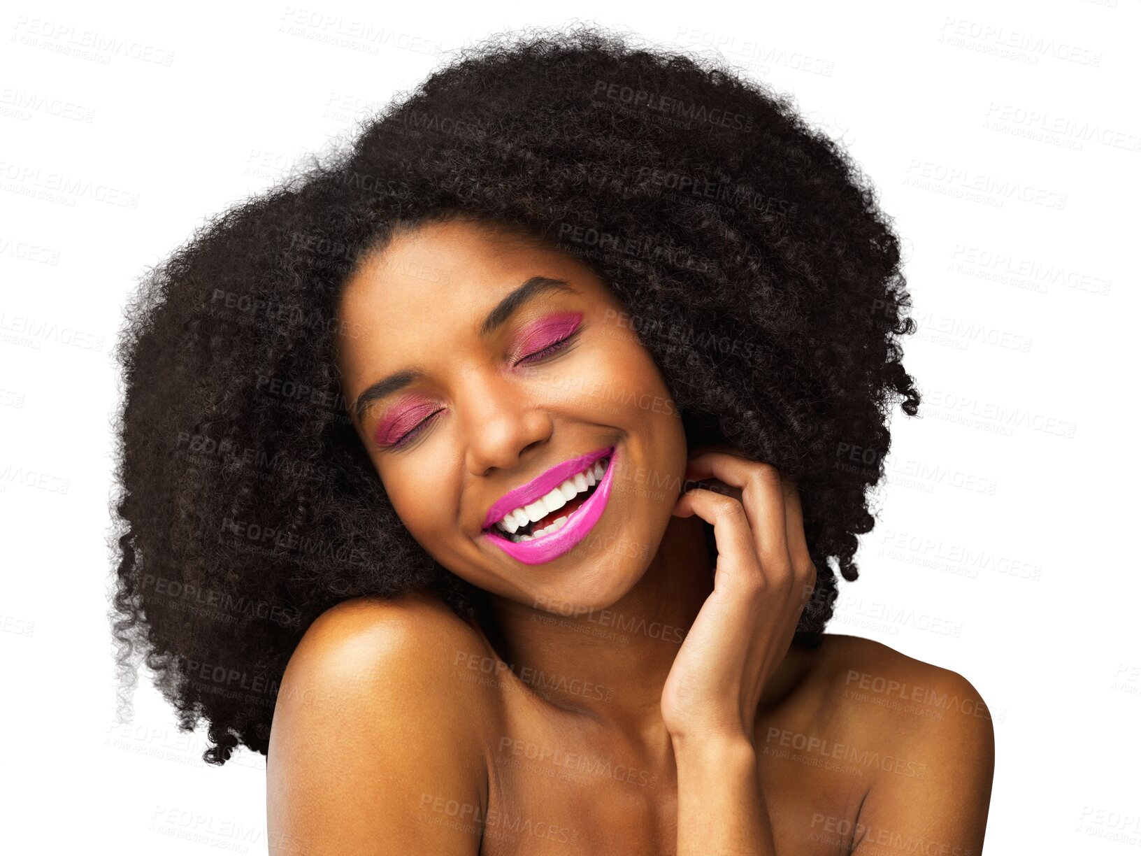 Buy stock photo Beauty, cosmetics and makeup with face of black woman on png for smile, dermatology and hairstyle. Natural, glow and skincare with model isolated on transparent background for self care and salon