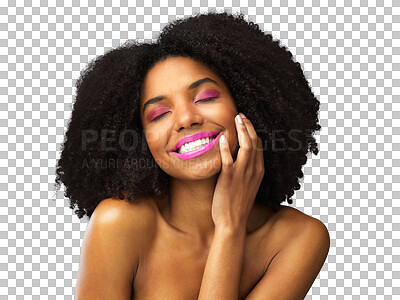 Buy stock photo Beauty, smile and cosmetics with face of black woman on png for spa, makeup and hairstyle. Natural, glow and skincare with female model isolated on transparent background for self care and salon