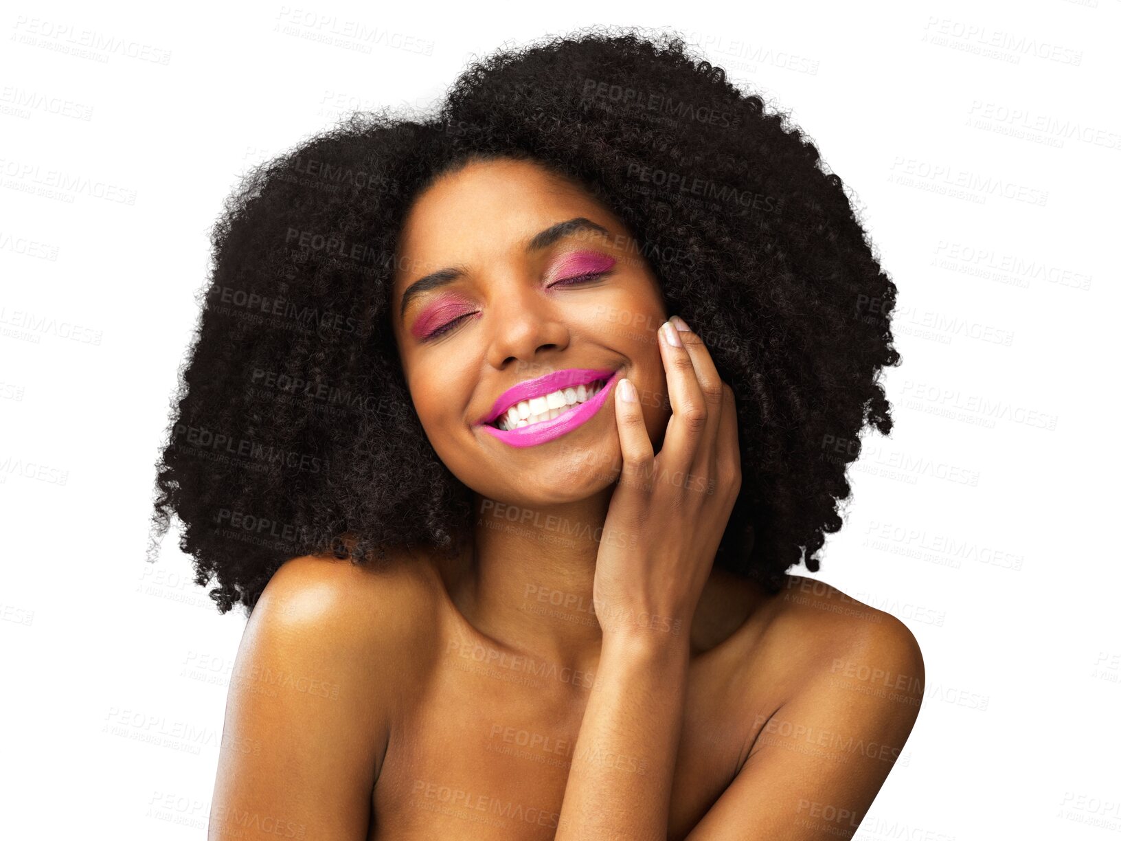 Buy stock photo Beauty, smile and cosmetics with face of black woman on png for spa, makeup and hairstyle. Natural, glow and skincare with female model isolated on transparent background for self care and salon