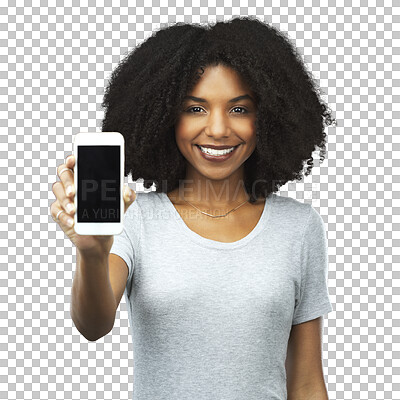 Buy stock photo Phone, portrait and smile with a black woman isolated on a transparent background showing an empty display screen for communication. Mobile, app or branding with a happy young brand ambassador on PNG