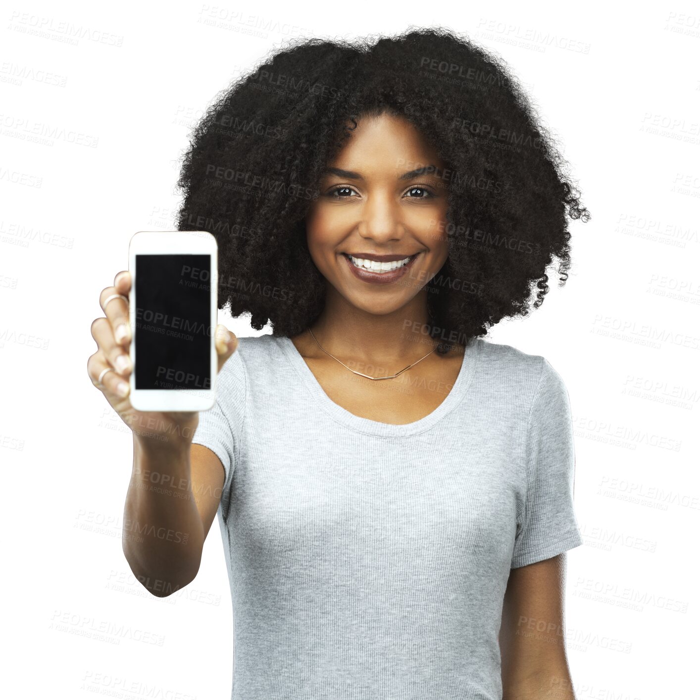 Buy stock photo Phone, portrait and smile with a black woman isolated on a transparent background showing an empty display screen for communication. Mobile, app or branding with a happy young brand ambassador on PNG