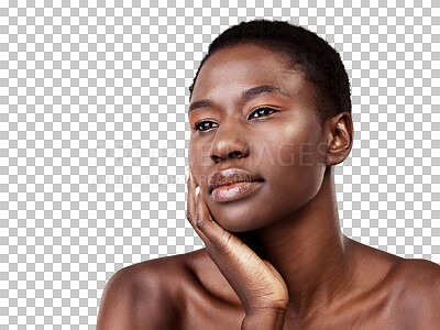 Buy stock photo Beauty, skincare and black woman with makeup or cosmetic care isolated in a transparent or png background. Skin, clean and young female person calm with smooth face due to dermatology detox facial