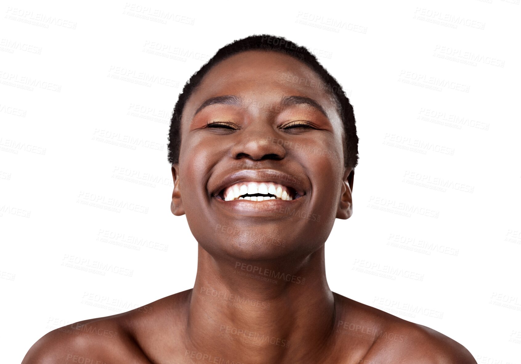 Buy stock photo African woman, happy and face with beauty or makeup for skin, glow or healthy facial cosmetics on transparent, isolated or png background. Black model, smile and skin care in dermatology salon