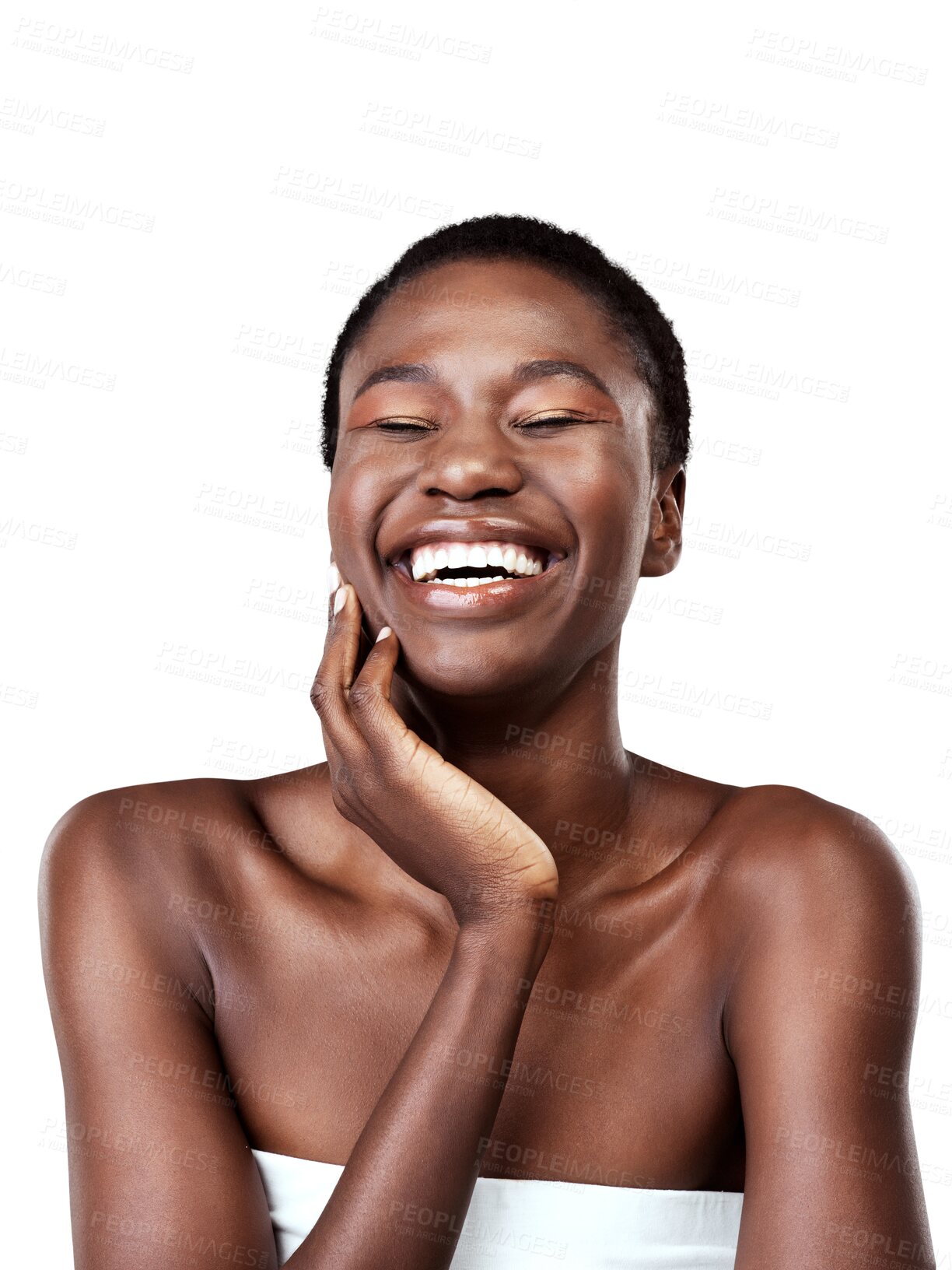 Buy stock photo Face, skincare and funny black woman isolated on a transparent png background. Natural beauty, cosmetics and happy model laughing after spa facial treatment for aesthetic, wellness or healthy skin.