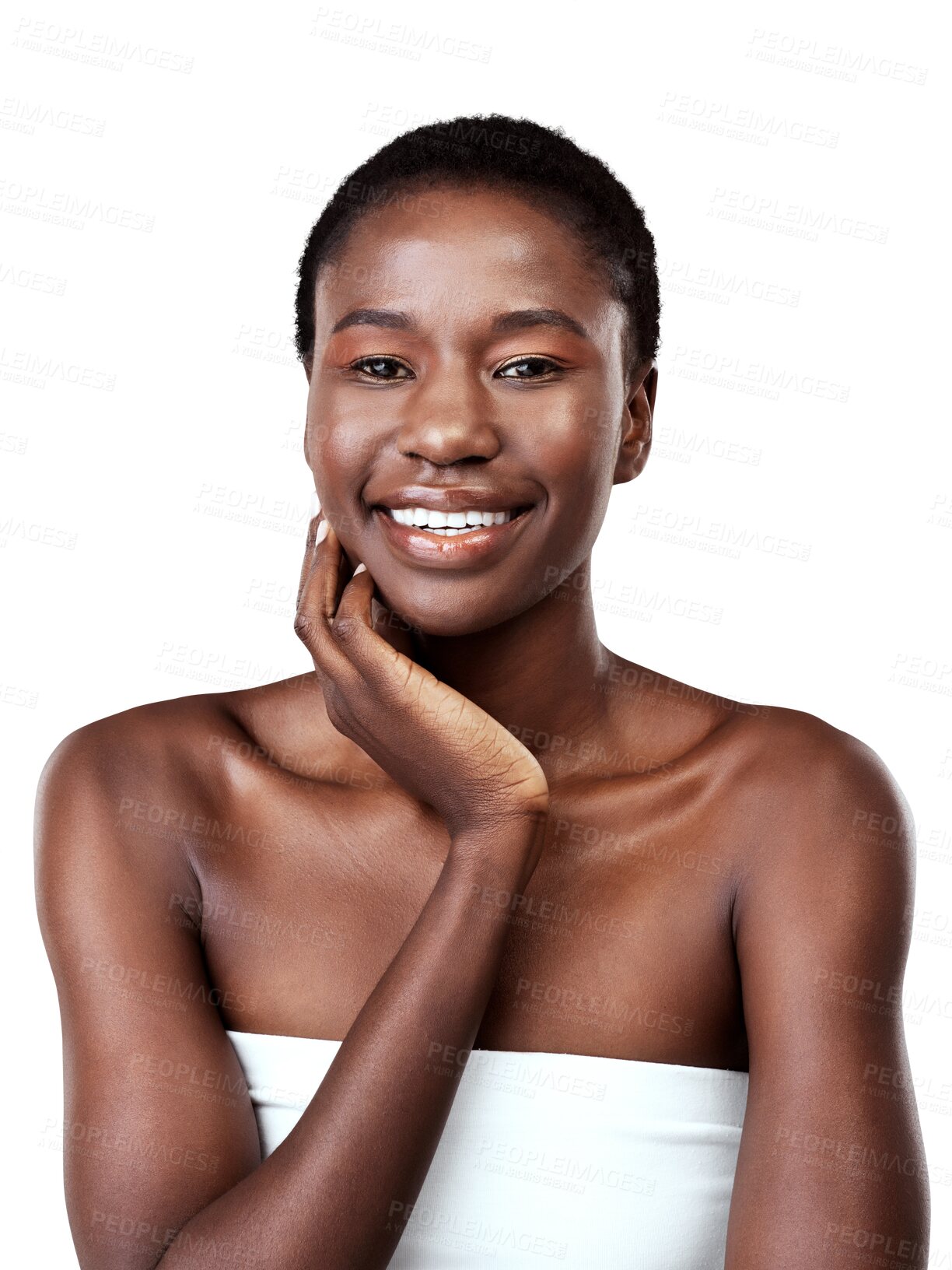 Buy stock photo Portrait, happy and black girl with natural or glow in png or isolated and transparent background. Woman, cosmetic and beauty face with shine with self care for skincare with facial  or wellness.