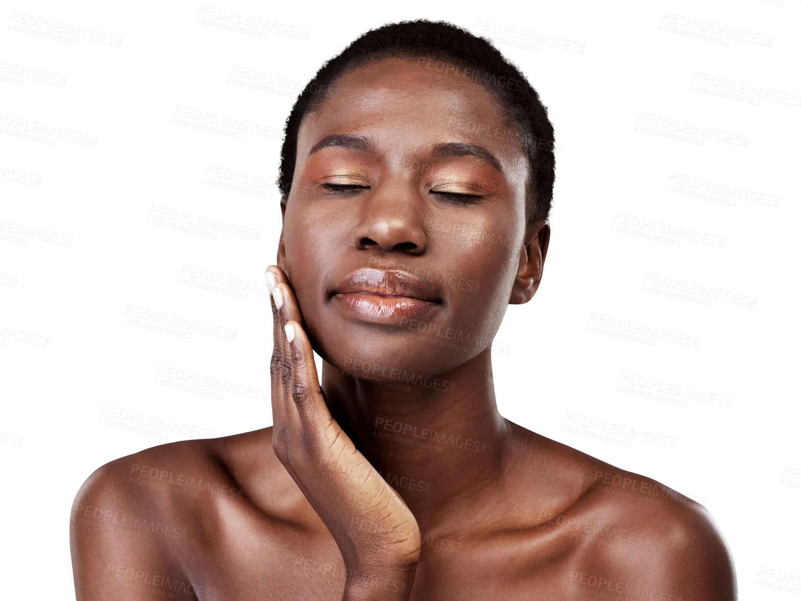 Buy stock photo Skincare, beauty and young woman with a natural, health and wellness facial treatment. Cosmetic, hygiene and African female model with face dermatology routine isolated by transparent png background.
