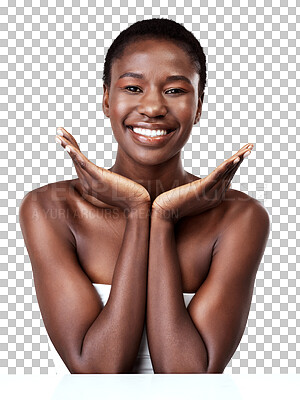 Buy stock photo Portrait, skincare hands and black woman isolated on a transparent png background. Natural beauty, cosmetics and face of happy model with spa facial treatment for aesthetic, wellness and healthy skin