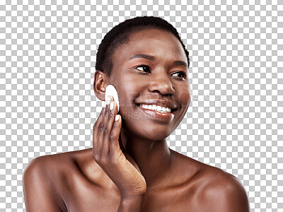 Buy stock photo Face, skincare and black woman with cotton for cleaning isolated on a transparent png background. Beauty, happy and model wipe makeup, cosmetics and pad for facial aesthetic, wellness and thinking.