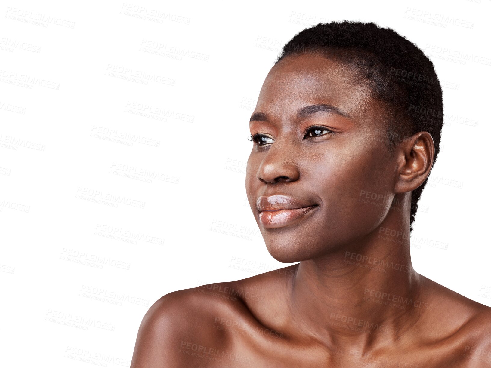 Buy stock photo Natural, thinking and black woman with cosmetics, face and luxury isolated on a transparent background. Female person, decision and model with beauty, png and dermatology with wellness and skincare