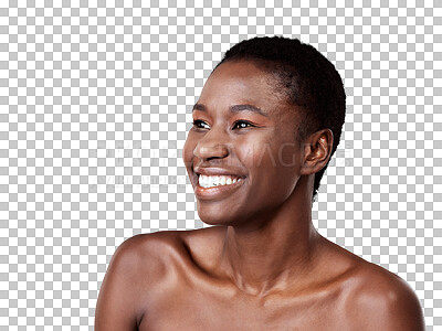 Buy stock photo African woman, smile and face with beauty or makeup for skin, glow or healthy facial cosmetics on transparent, isolated or png background. Happy, black model and skin care in dermatology salon